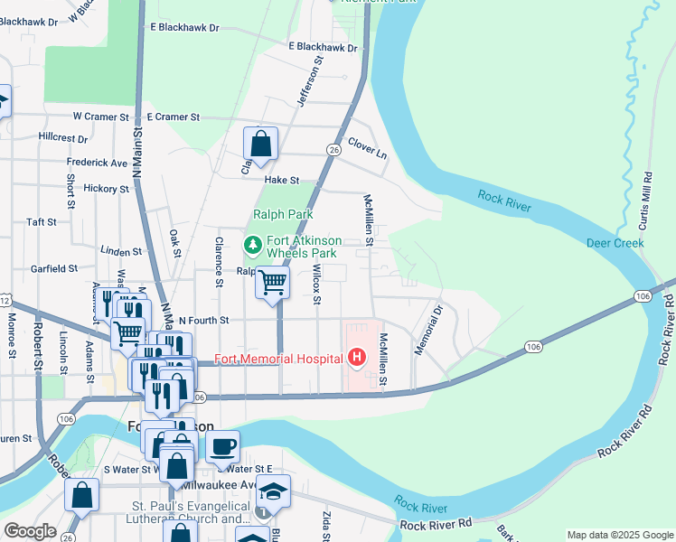 map of restaurants, bars, coffee shops, grocery stores, and more near 430 Wilcox Street in Fort Atkinson