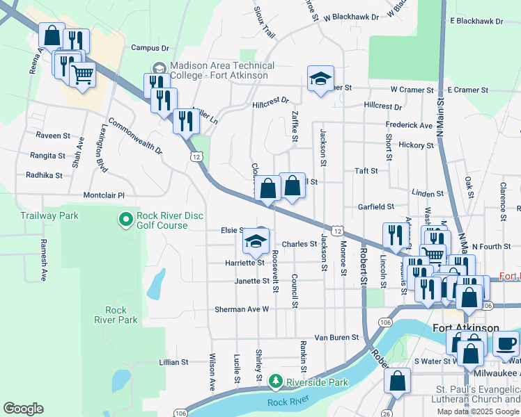 map of restaurants, bars, coffee shops, grocery stores, and more near 904 Madison Avenue in Fort Atkinson