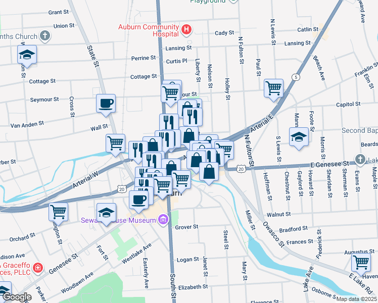 map of restaurants, bars, coffee shops, grocery stores, and more near 9 Arterial West in Auburn