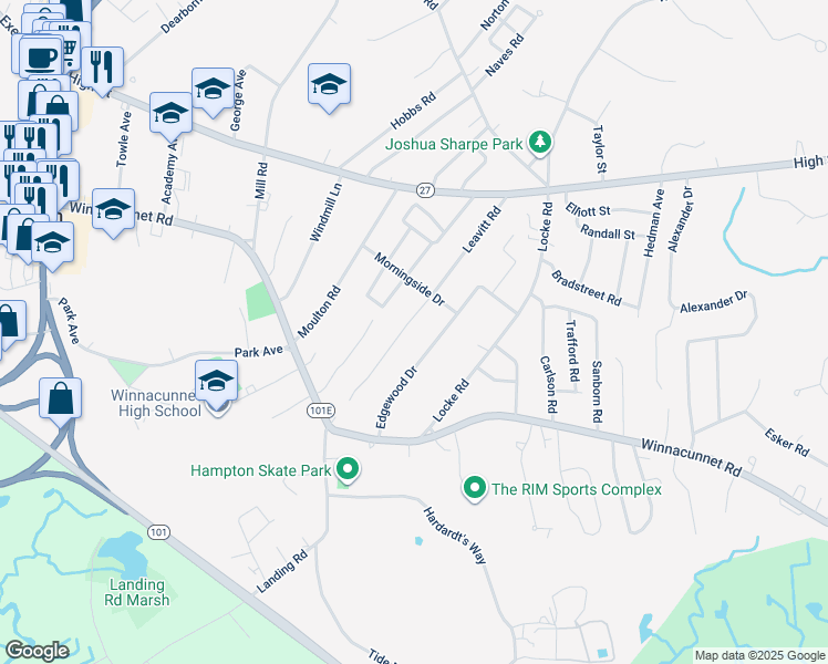 map of restaurants, bars, coffee shops, grocery stores, and more near 64 Leavitt Road in Hampton