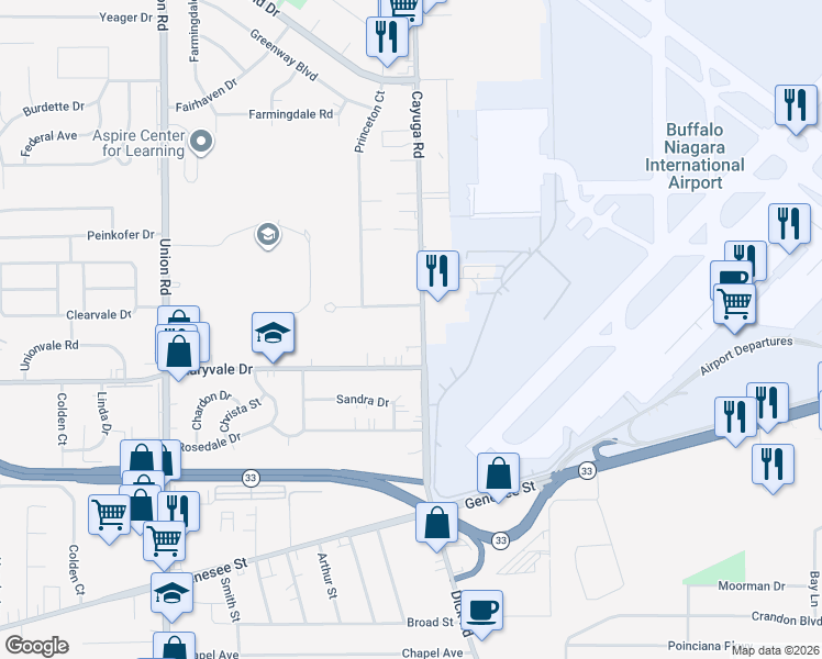 map of restaurants, bars, coffee shops, grocery stores, and more near 245 Cayuga Road in Cheektowaga