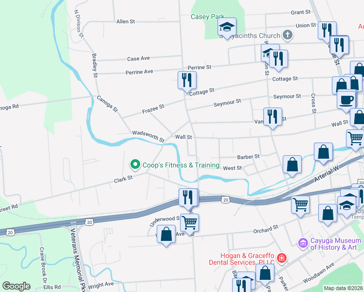 map of restaurants, bars, coffee shops, grocery stores, and more near 3 Sheldon Ave in Auburn