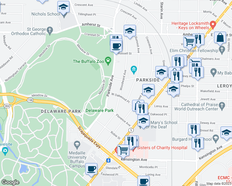 map of restaurants, bars, coffee shops, grocery stores, and more near 123 West Oakwood Place in Buffalo