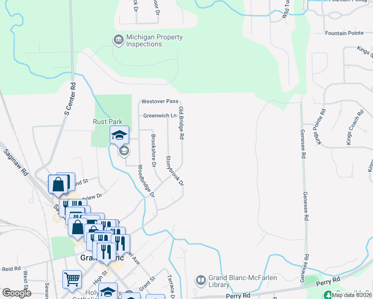 map of restaurants, bars, coffee shops, grocery stores, and more near 11231 Old Bridge Road in Grand Blanc