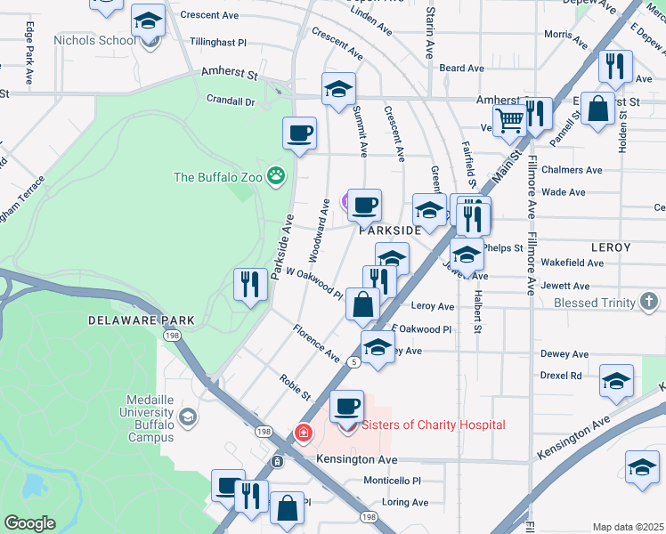 map of restaurants, bars, coffee shops, grocery stores, and more near 26 Summit Avenue in Buffalo