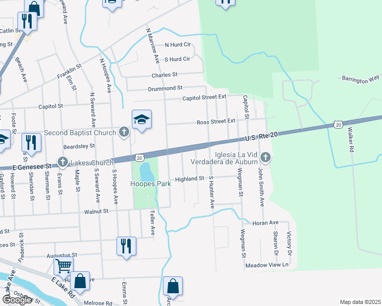 map of restaurants, bars, coffee shops, grocery stores, and more near 254 E Genesee St in Auburn