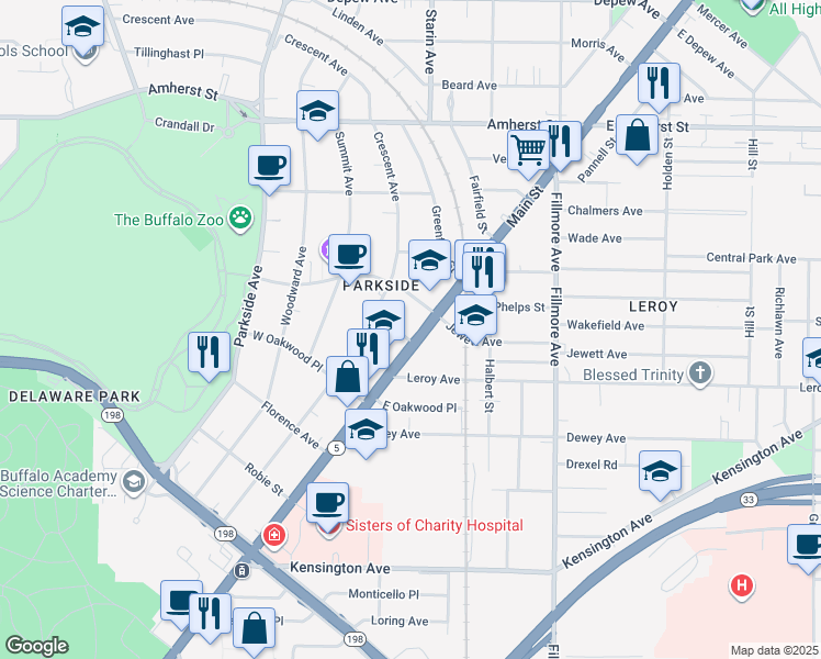 map of restaurants, bars, coffee shops, grocery stores, and more near 7 Willowlawn Street in Buffalo