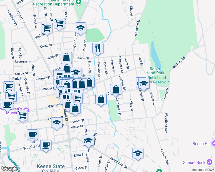 map of restaurants, bars, coffee shops, grocery stores, and more near 17 Edwards Street in Keene