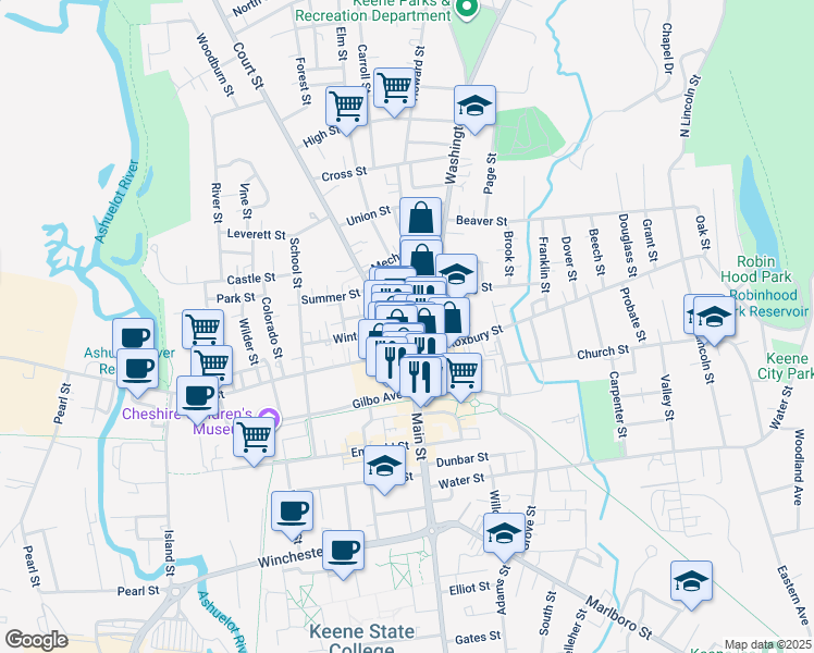 map of restaurants, bars, coffee shops, grocery stores, and more near 7 Court Street in Keene