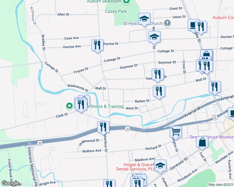 map of restaurants, bars, coffee shops, grocery stores, and more near 134 Wall Street in Auburn