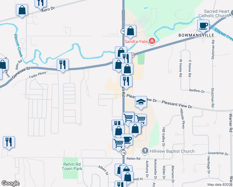 map of restaurants, bars, coffee shops, grocery stores, and more near 6410 Transit Road in Cheektowaga