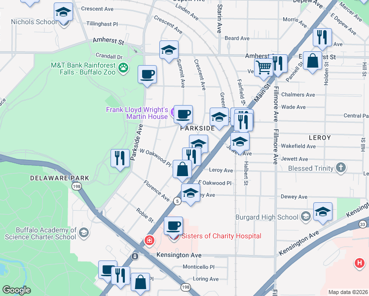 map of restaurants, bars, coffee shops, grocery stores, and more near 234 Crescent Avenue in Buffalo
