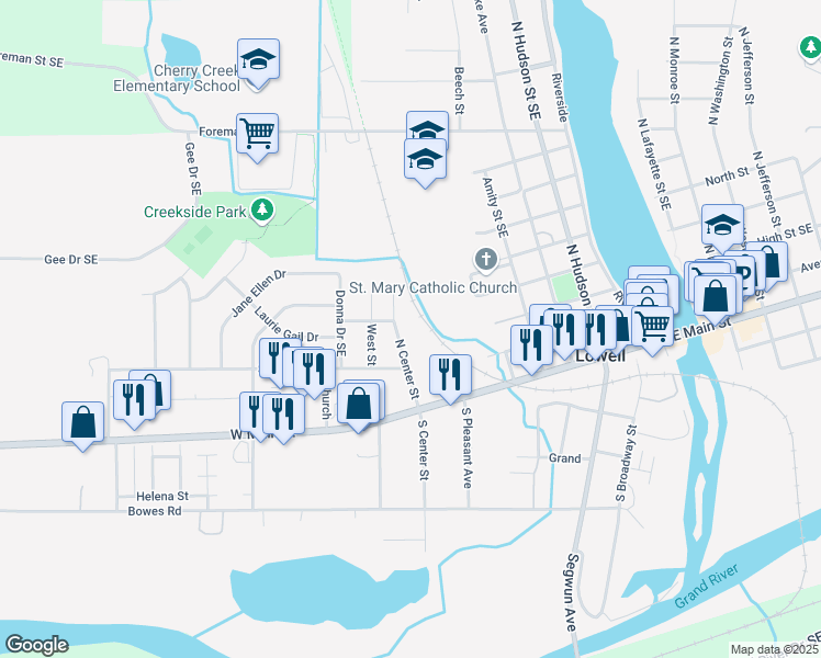 map of restaurants, bars, coffee shops, grocery stores, and more near 205 North Center Street in Lowell