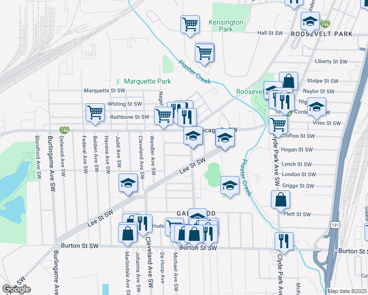 map of restaurants, bars, coffee shops, grocery stores, and more near 1124 Albers Street Southwest in Wyoming
