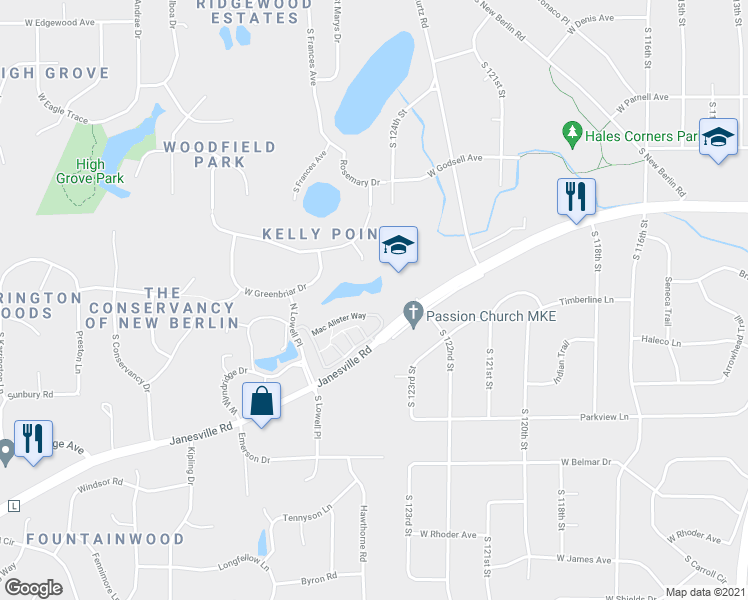 map of restaurants, bars, coffee shops, grocery stores, and more near 12400 Mac Alister Way in New Berlin