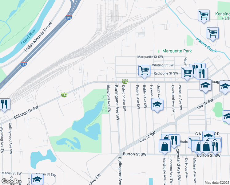 map of restaurants, bars, coffee shops, grocery stores, and more near 1632 Blandford Avenue Southwest in Wyoming