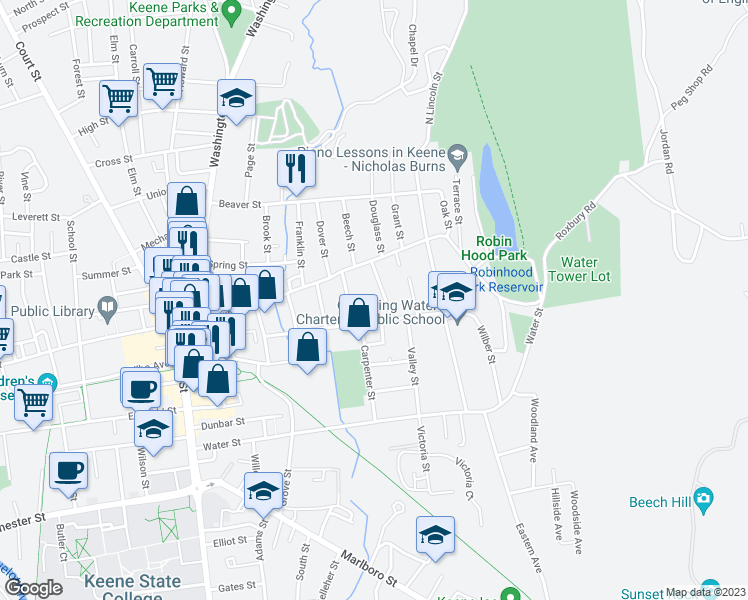 map of restaurants, bars, coffee shops, grocery stores, and more near 41 Probate Street in Keene