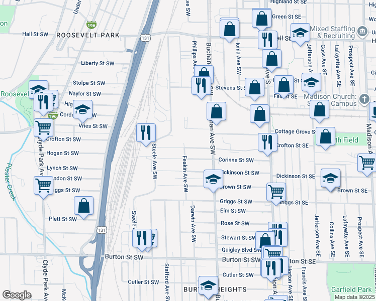 map of restaurants, bars, coffee shops, grocery stores, and more near 252 Fox Street Southwest in Grand Rapids