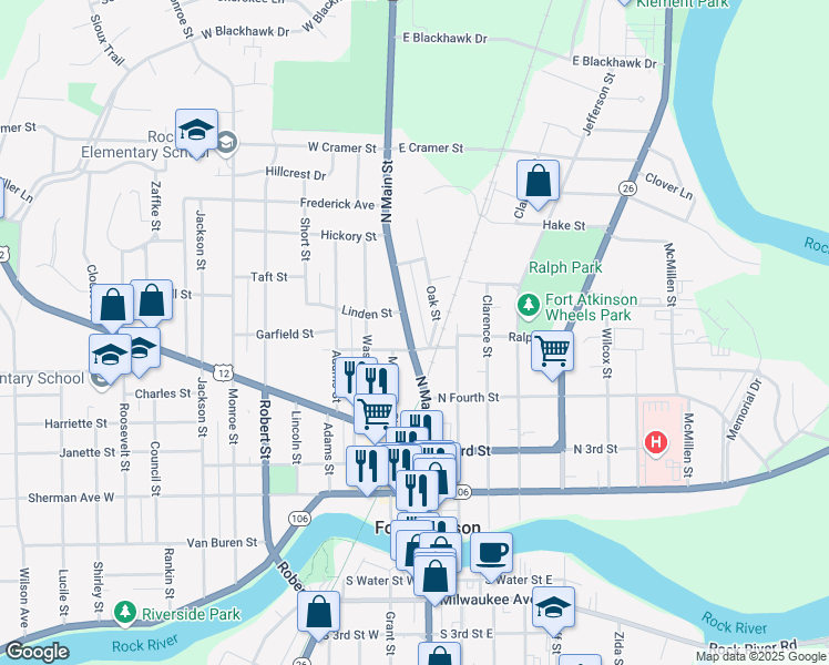 map of restaurants, bars, coffee shops, grocery stores, and more near 508 North Main Street in Fort Atkinson