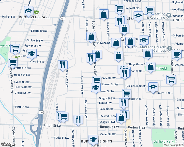 map of restaurants, bars, coffee shops, grocery stores, and more near 212 Fox Street Southwest in Grand Rapids