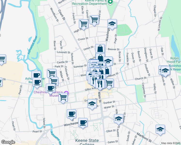 map of restaurants, bars, coffee shops, grocery stores, and more near 12 Court Street in Keene