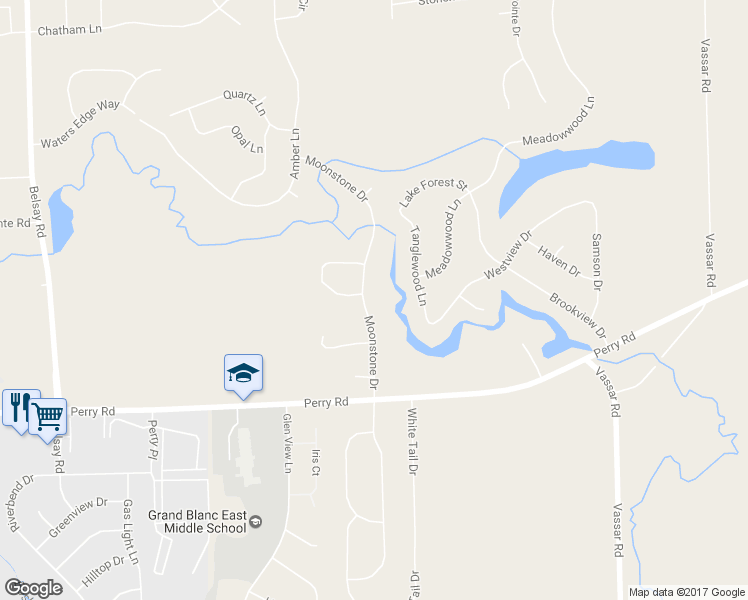 map of restaurants, bars, coffee shops, grocery stores, and more near 6395 Moonstone Drive in Grand Blanc