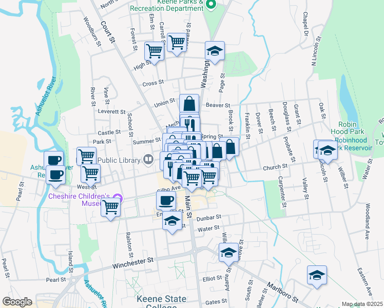 map of restaurants, bars, coffee shops, grocery stores, and more near 11 Washington Street in Keene