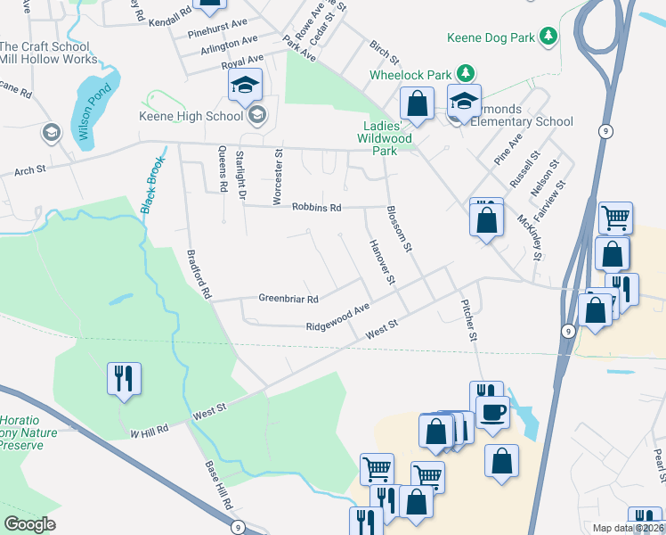 map of restaurants, bars, coffee shops, grocery stores, and more near 11 Salisbury Road in Keene