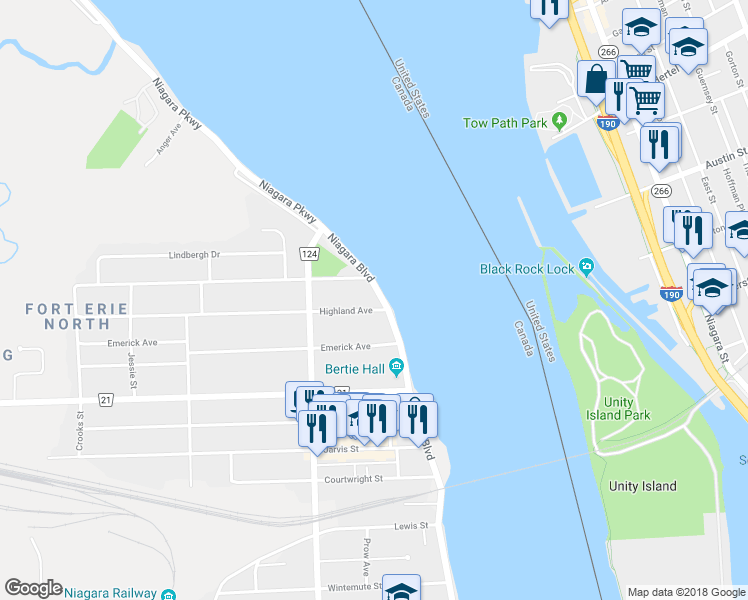 map of restaurants, bars, coffee shops, grocery stores, and more near 729 Niagara Boulevard in Fort Erie