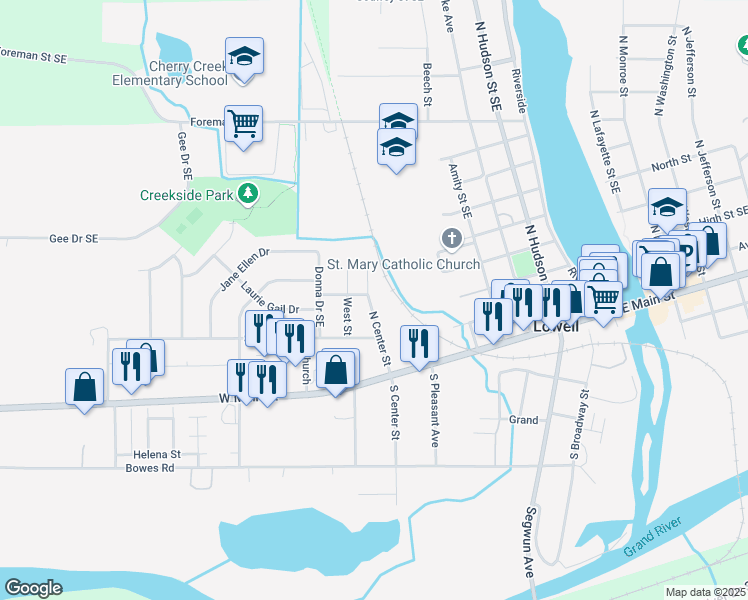 map of restaurants, bars, coffee shops, grocery stores, and more near 205 North Center Street in Lowell