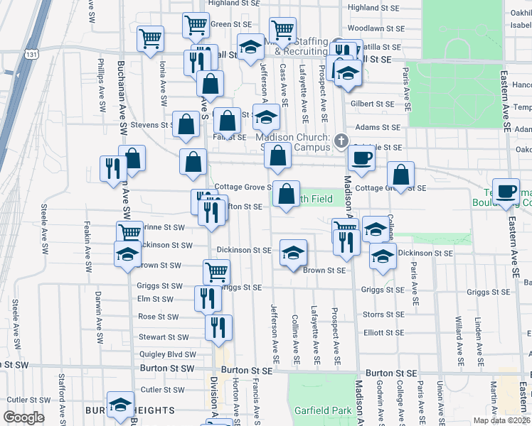 map of restaurants, bars, coffee shops, grocery stores, and more near 1607 Jefferson Avenue Southeast in Grand Rapids