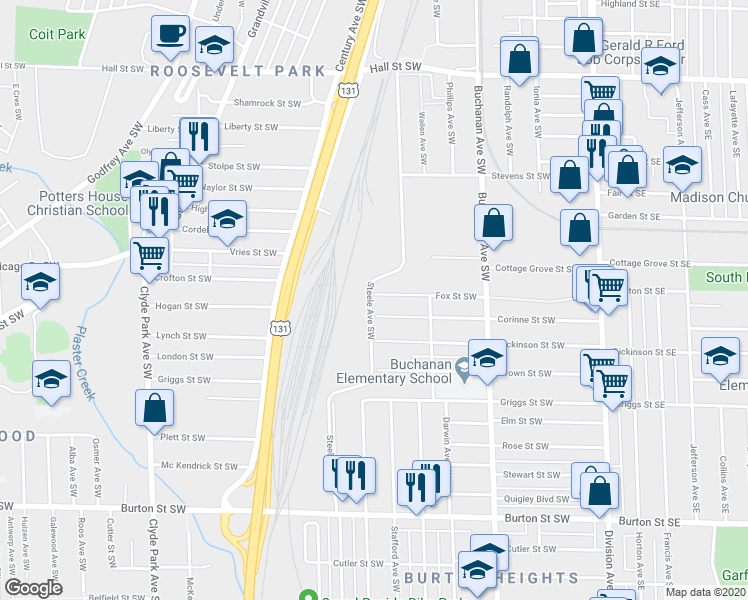 map of restaurants, bars, coffee shops, grocery stores, and more near 362 Fox Street Southwest in Grand Rapids