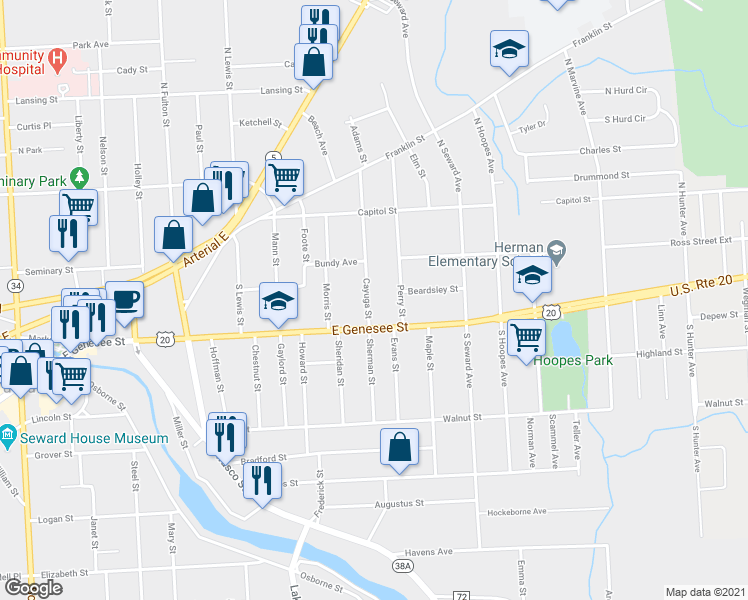 map of restaurants, bars, coffee shops, grocery stores, and more near 6 Cayuga Street in Auburn