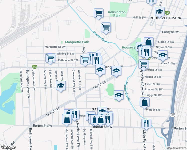 map of restaurants, bars, coffee shops, grocery stores, and more near 1124 Albers Street Southwest in Wyoming