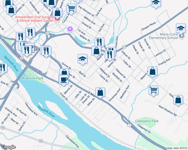map of restaurants, bars, coffee shops, grocery stores, and more near 54 Jay Street in Amsterdam