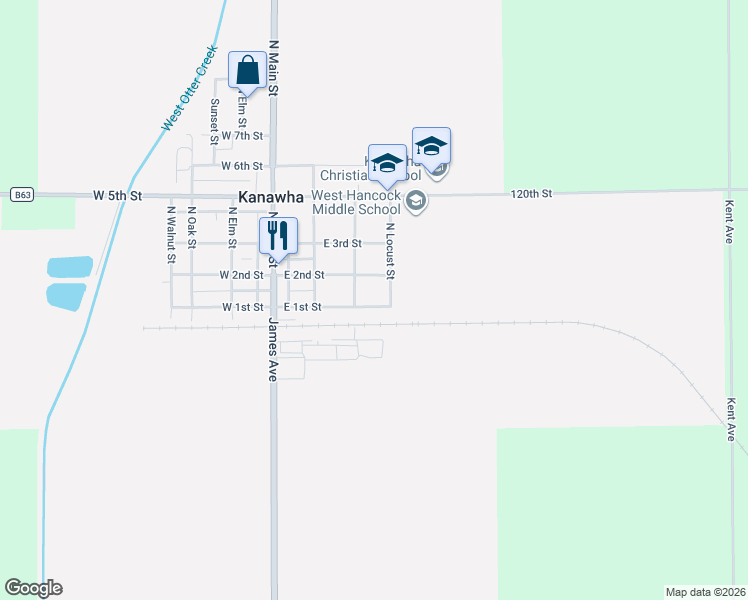 map of restaurants, bars, coffee shops, grocery stores, and more near 300-398 East 1st Street in Kanawha