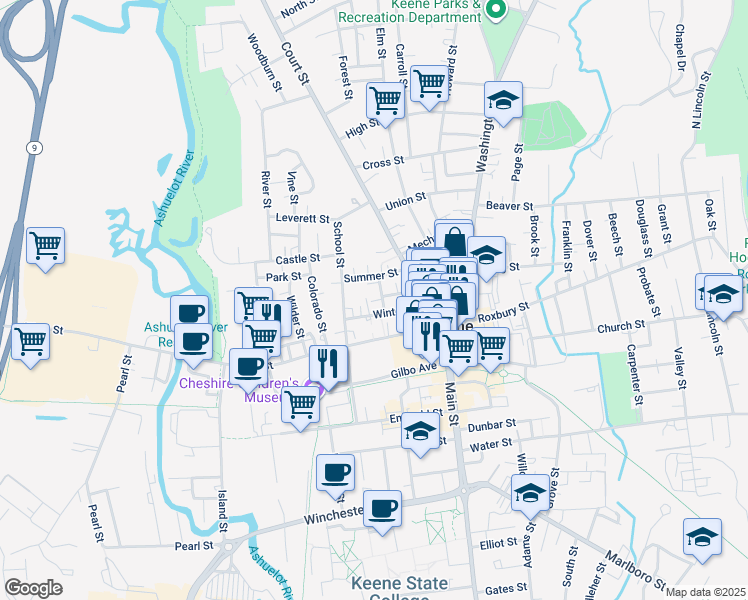 map of restaurants, bars, coffee shops, grocery stores, and more near 67 Winter Street in Keene