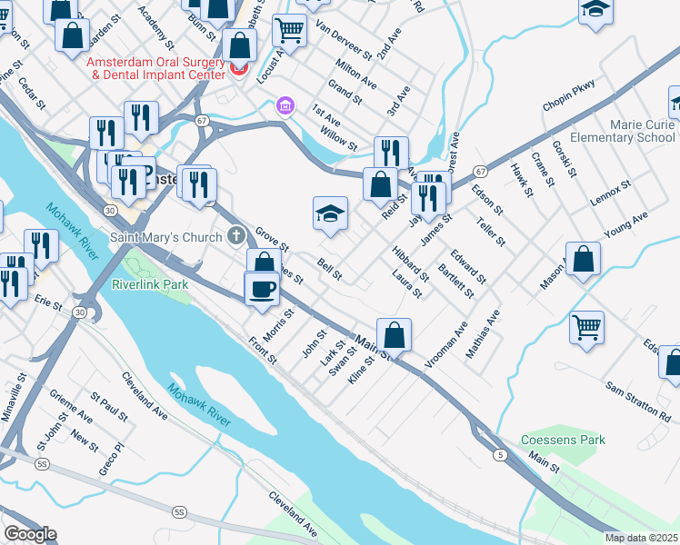 map of restaurants, bars, coffee shops, grocery stores, and more near 72 Reid Street in Amsterdam