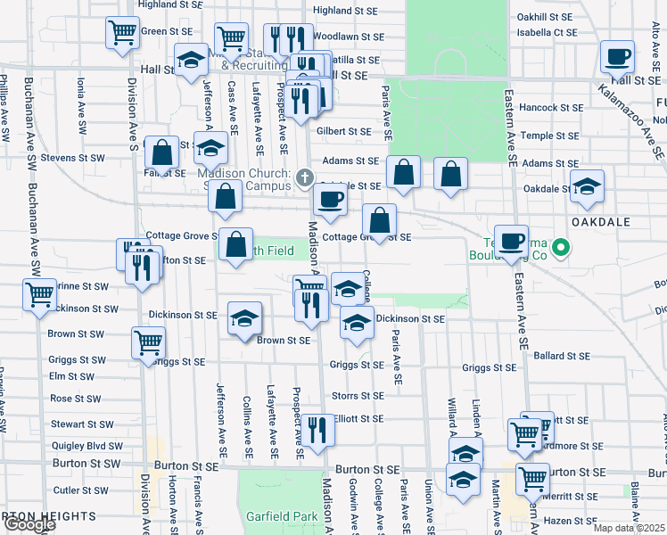 map of restaurants, bars, coffee shops, grocery stores, and more near 418 Crofton Street Southeast in Grand Rapids