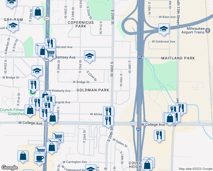 map of restaurants, bars, coffee shops, grocery stores, and more near 6068 South 21st Street in Milwaukee