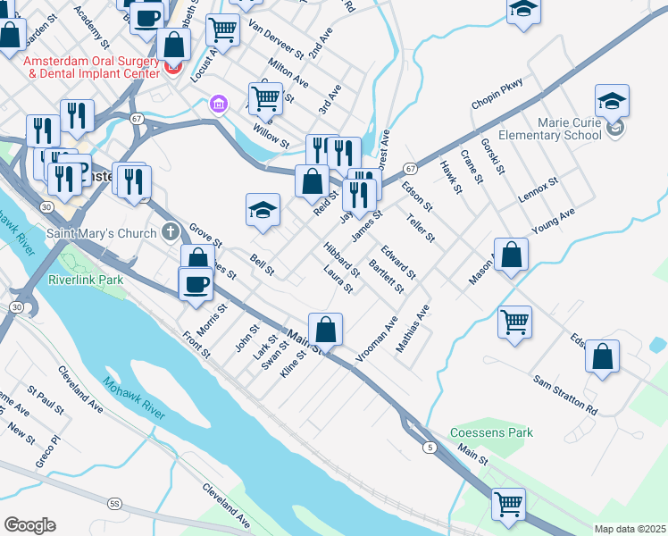 map of restaurants, bars, coffee shops, grocery stores, and more near 78 James Street in Amsterdam