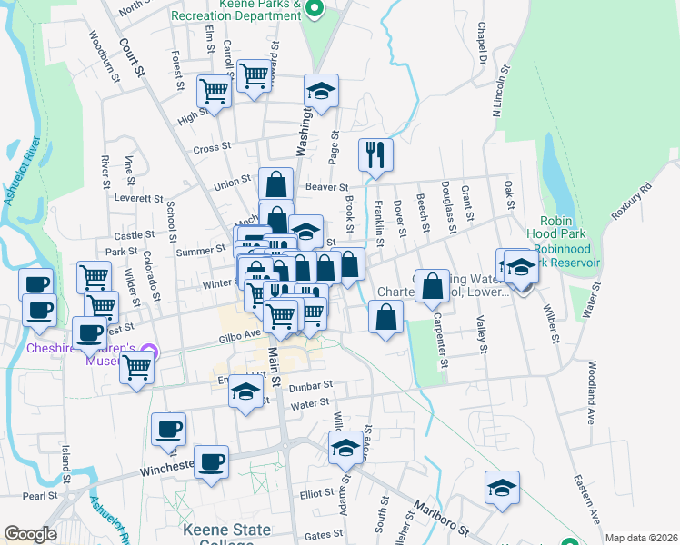 map of restaurants, bars, coffee shops, grocery stores, and more near 106 Roxbury Street in Keene