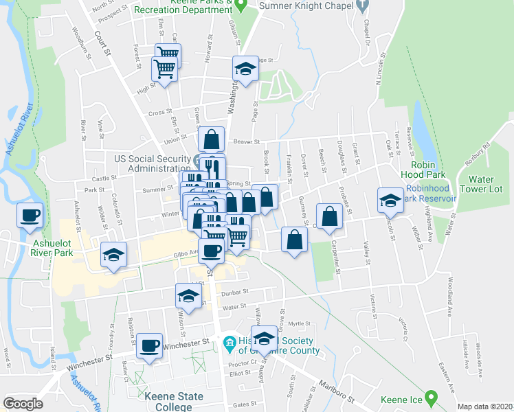 map of restaurants, bars, coffee shops, grocery stores, and more near 106 Roxbury Street in Keene