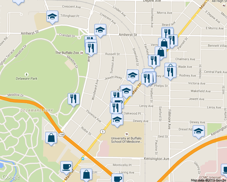 map of restaurants, bars, coffee shops, grocery stores, and more near 234 Crescent Avenue in Buffalo