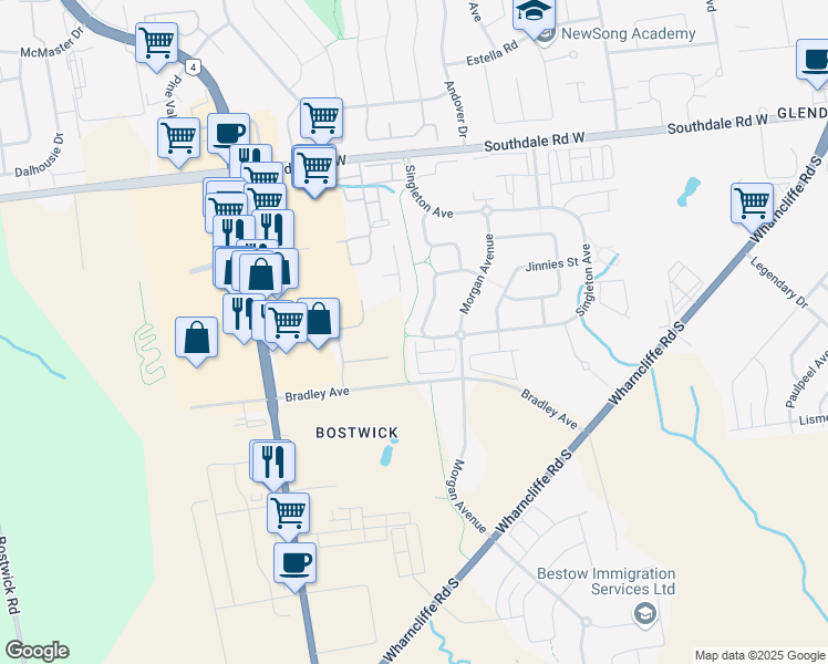 map of restaurants, bars, coffee shops, grocery stores, and more near 3471 Morgan Crescent in London