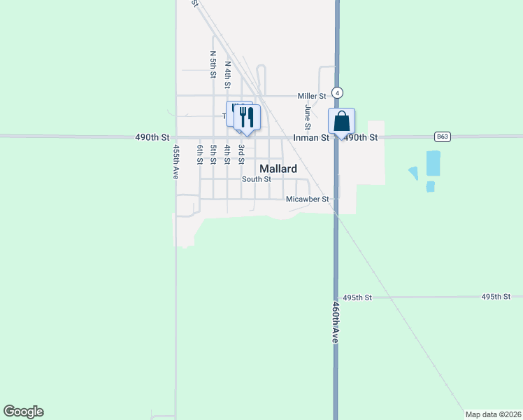 map of restaurants, bars, coffee shops, grocery stores, and more near 410 South 2nd Street in Mallard