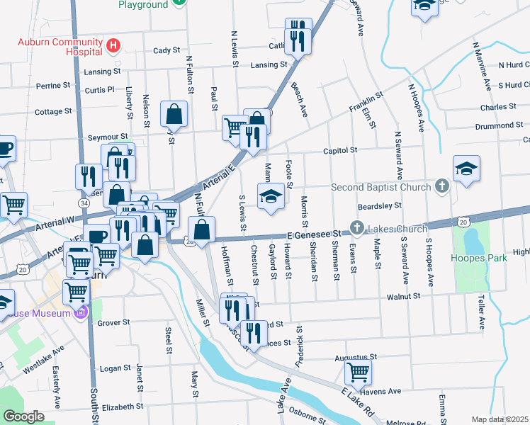 map of restaurants, bars, coffee shops, grocery stores, and more near 12 Lawton Avenue in Auburn