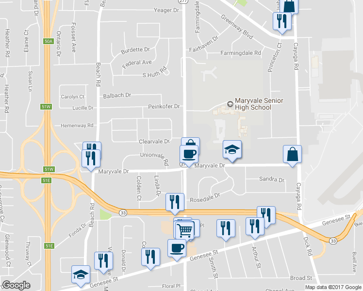 map of restaurants, bars, coffee shops, grocery stores, and more near 4414 Union Road in Buffalo