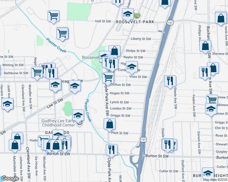 map of restaurants, bars, coffee shops, grocery stores, and more near 753 Hogan Street Southwest in Grand Rapids