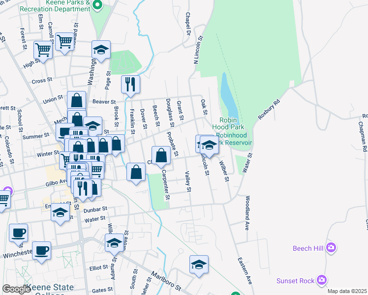 map of restaurants, bars, coffee shops, grocery stores, and more near 22 Hardy Court in Keene